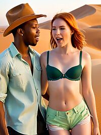 A tan clad black man and fiery redhead embrace on Saharas golden dunes as sunset paints the sky