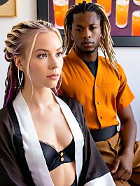 Eager young man with purple dreadlocks meets blonde in lingerie at grape soda factory